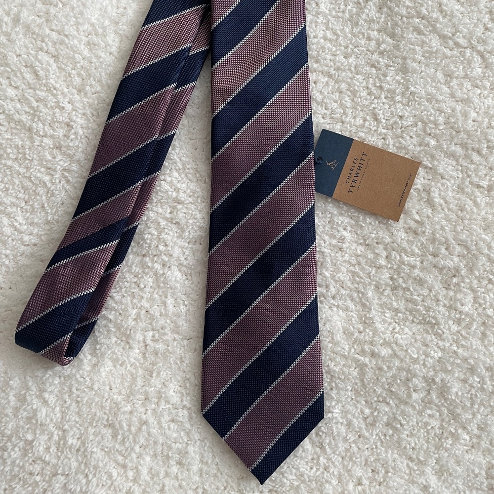Charles Tyrwhitt French Blue Pink Stripe Silk Tie NWT